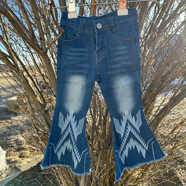 Girls Western Flare Jeans, Southwestern Geometric Bell Bottoms