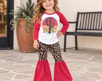 Girls Rodeo Outfit, Cactus Shirt, Leopard Bell Bottoms, Size 3T