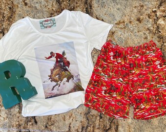 Women's Retro Cowboy Biker Short Set, Cowgirl Shorts, Red Retro Cowboy Shorts, Cowgirl Pajamas