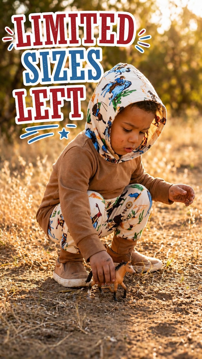Puede incluir: Un ni&ntilde;o con una sudadera con capucha marr&oacute;n y pantalones con estampado de vaquero jugando con un caballo de juguete. La sudadera tiene un estampado de vaquero en la capucha. El texto "LIMITED SIZES LEFT" es visible.