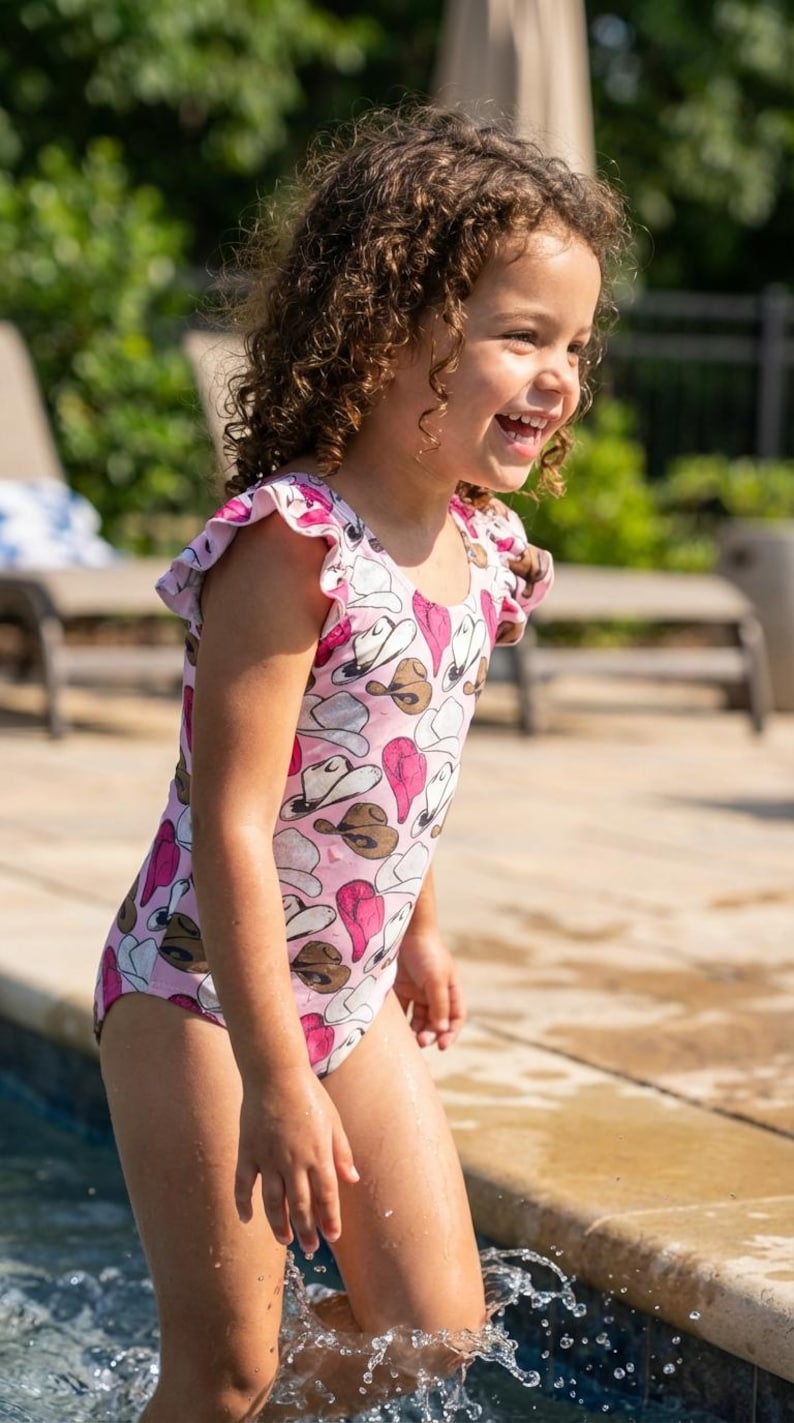 K&ouml;nnte beinhalten: Ein rosa Badeanzug mit Cowboyhut-Muster. Der Badeanzug hat R&uuml;schen&auml;rmel und wird von einer jungen Person in einem Pool getragen. Der Hintergrund umfasst einen Pool, eine Terrasse und Gr&uuml;n.