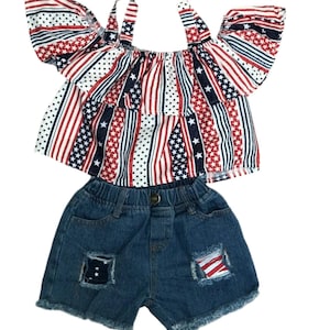 4th of July Toddler Outfit | Flag Shirt & Distressed Jean Shorts Set | USA Kids Clothes | Sizes 2T–5T