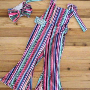 Toddler Girls Serape, Denim Jumpsuit - Serape Stripe Overalls, BOHO Suspender Pants, Western Toddler Outfit With adjustable shoulder straps, you'll get a perfect fit that grows with your child. Comfortable, versatile, and oh-so-fun!