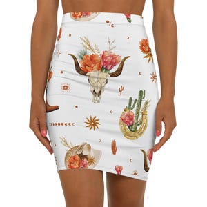 Boho Floral Pencil Skirt: Western Cowgirl Cactus Print, Vintage Bohemian Style