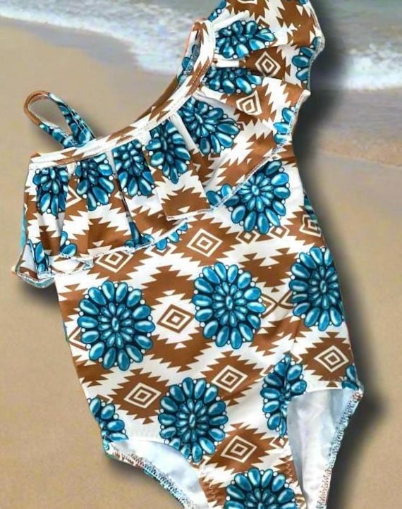 Girls Turquoise Squash Blossom Swimsuit, Western One Piece