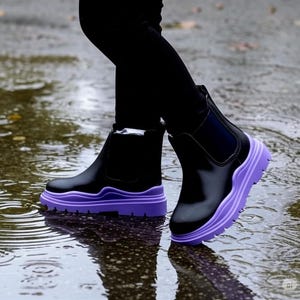 Kids Waterproof Leather Boots: Chunky Sole, Purple Accent