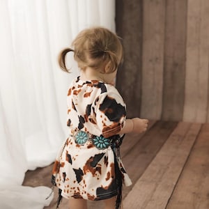 Girls Western Cowprint Fringe T-Shirt Dress: Boho Horse Tunic