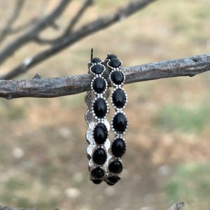 Black Stone Hoop Earrings: Burnished Silver, Western Jewelry