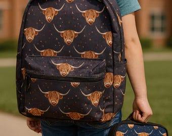 Kids Western Backpack: Highland Cow, Cactus, & Floral Prints