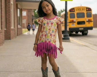 Cowgirl jurk met franje meisjes | Westerntuniek met roze franje, gestrikte achterkant