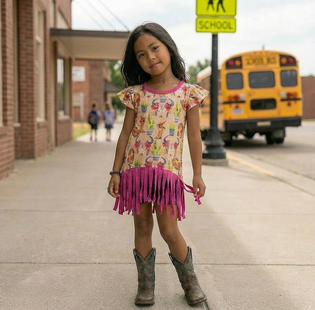 strapless open back dress Branding Iron Pink Fringe Skirt – Western Style for Little Cowgirls 2T main image 0