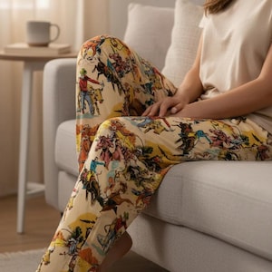 Woman wearing Vintage Cowboy Pajama Pants - Soft Western Loungewear with Rugged Rodeo Print, Old West Sleepwear -Razels