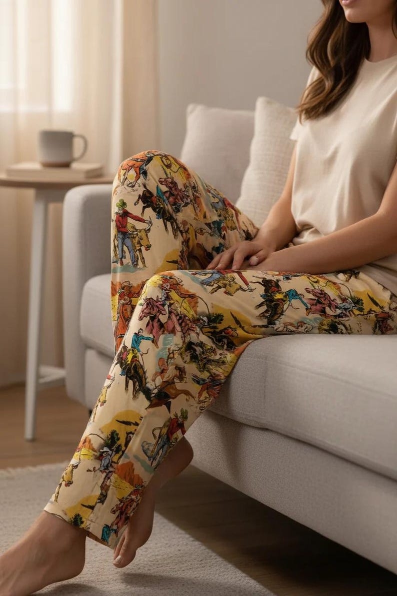 Woman wearing Vintage Cowboy Pajama Pants - Soft Western Loungewear with Rugged Rodeo Print, Old West Sleepwear -Razels