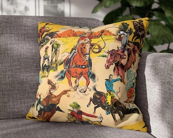 Kissenbezug mit Vintage-Cowboy-Print – Western-Wohndeko, Kissenbezug aus Wildlederimitat
