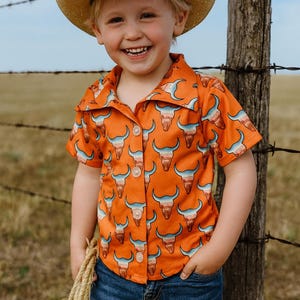 Kids Western Shirt: Cowboy Steer Head Print - Orange Desert Design