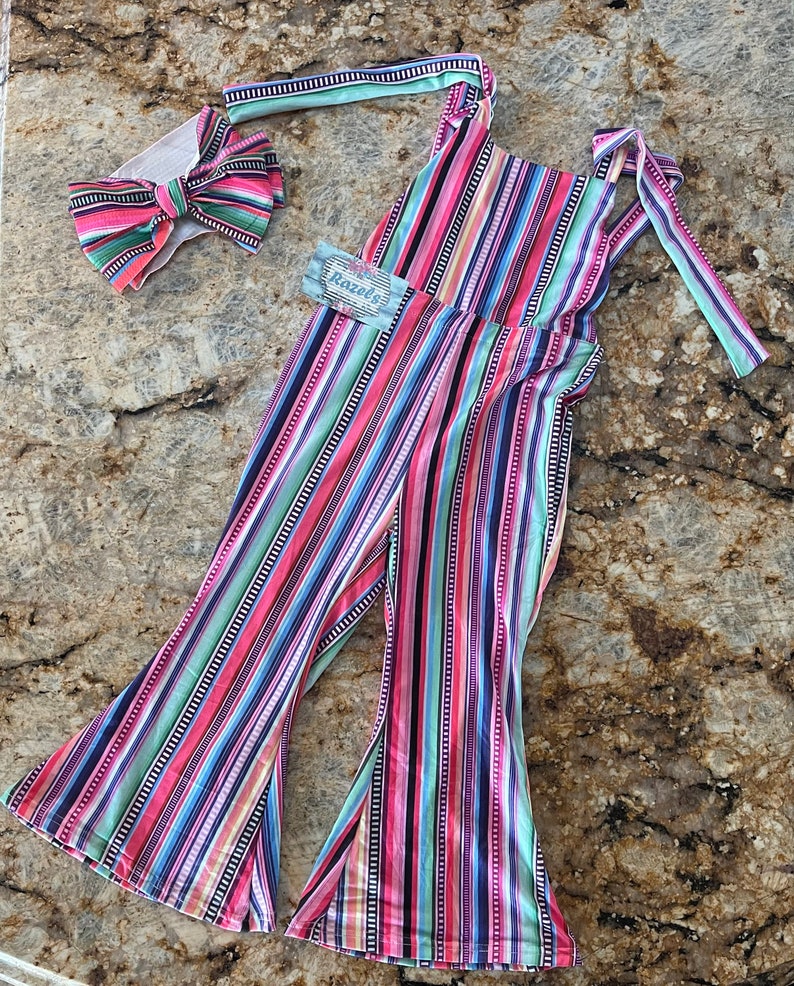 Girls Jumpsuit / Suspender Flared Trousers / Serape Stripe Toddler BOHO Suspender Overalls image 1