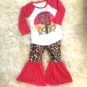 GIRLS  RODEO Bell Bottom Outfit, Cowgirl Cheetah Leopard Cactus Bells, Animal Print & Cactus Hippie Clothes
