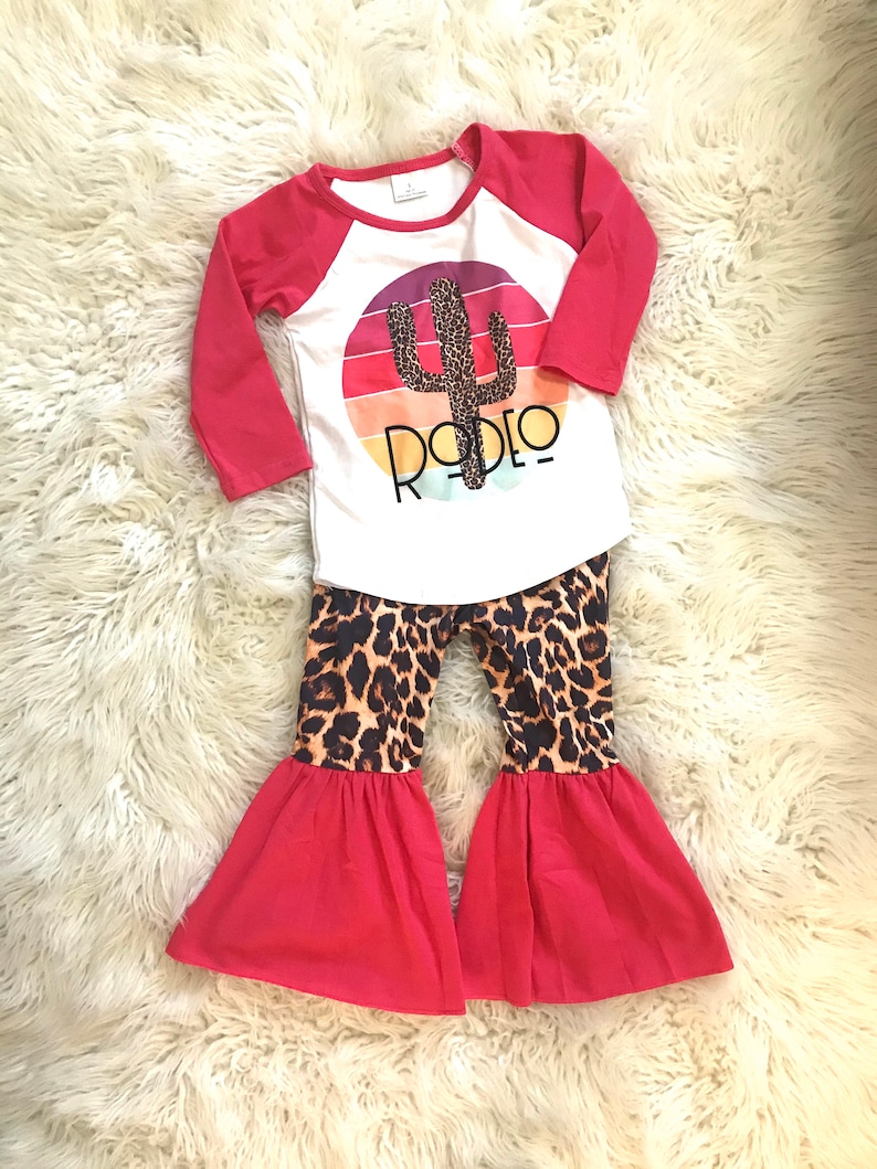 GIRLS fALL RODEO Bell Bottom Outfit, Cowgirl Cheetah Leopard Cactus Bells, Animal Print & Cactus Hippie Clothes 