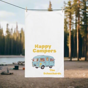 Personalized Happy Campers Hand Towel: Vintage RV Decor Gift
