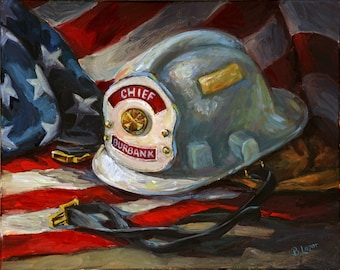 CHIEF'S HELMET, personalized, hand painted firefighter canvas giclee print to honor the hero in your life