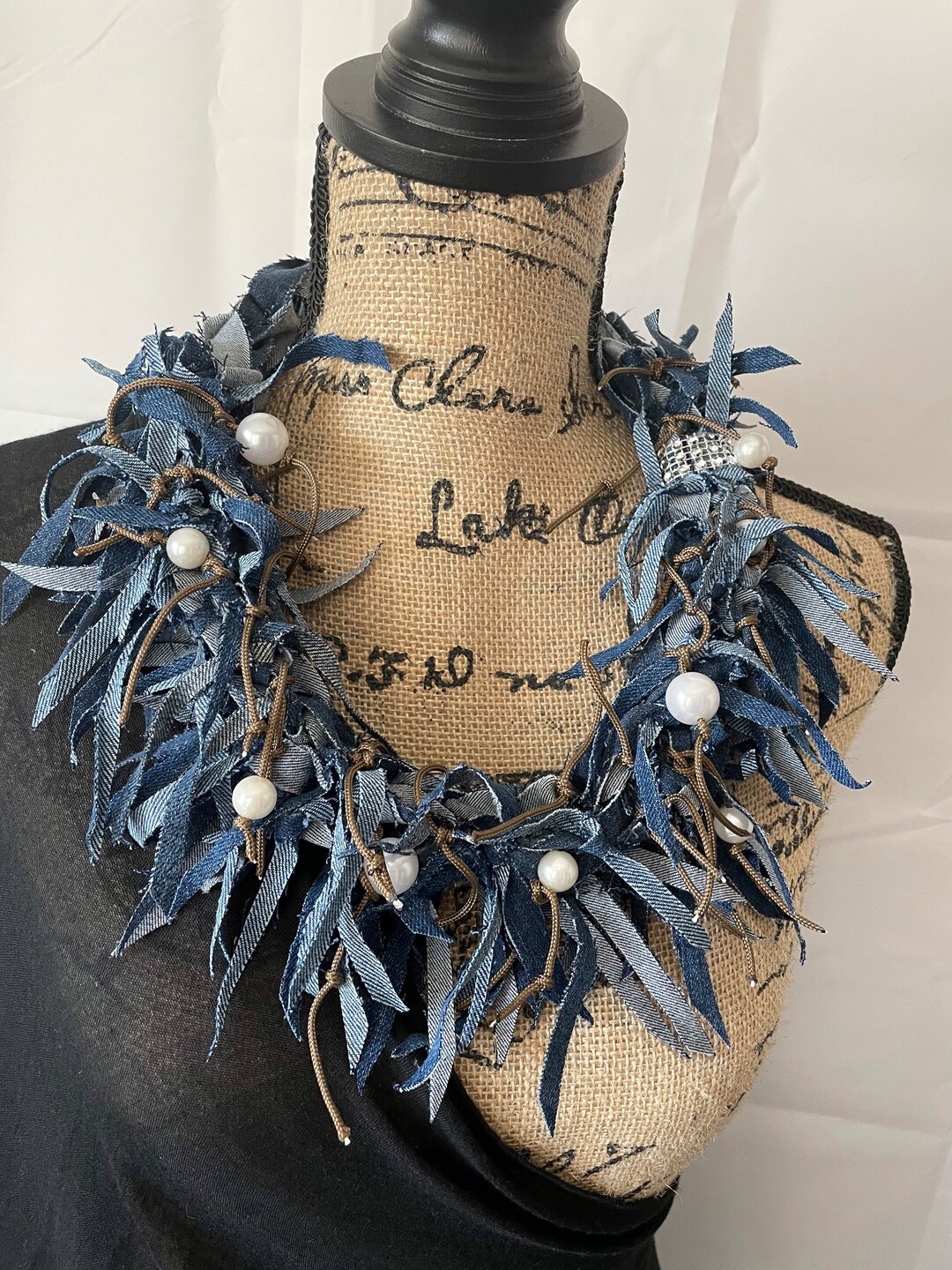 Blue Denim Scarf Jeans Necklace Fabric Jewelry Textile Denim Necklace