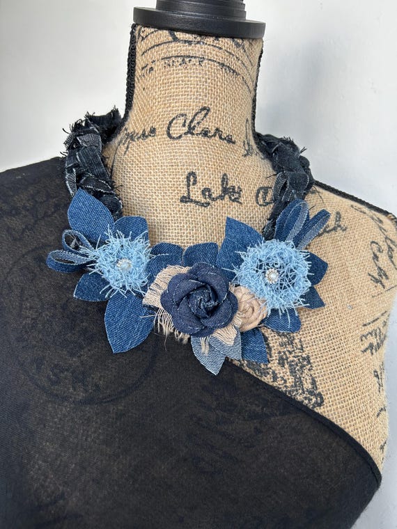 Denim Flower Statement Necklace, Upcycled Fabric Jewelry  display picture 3
