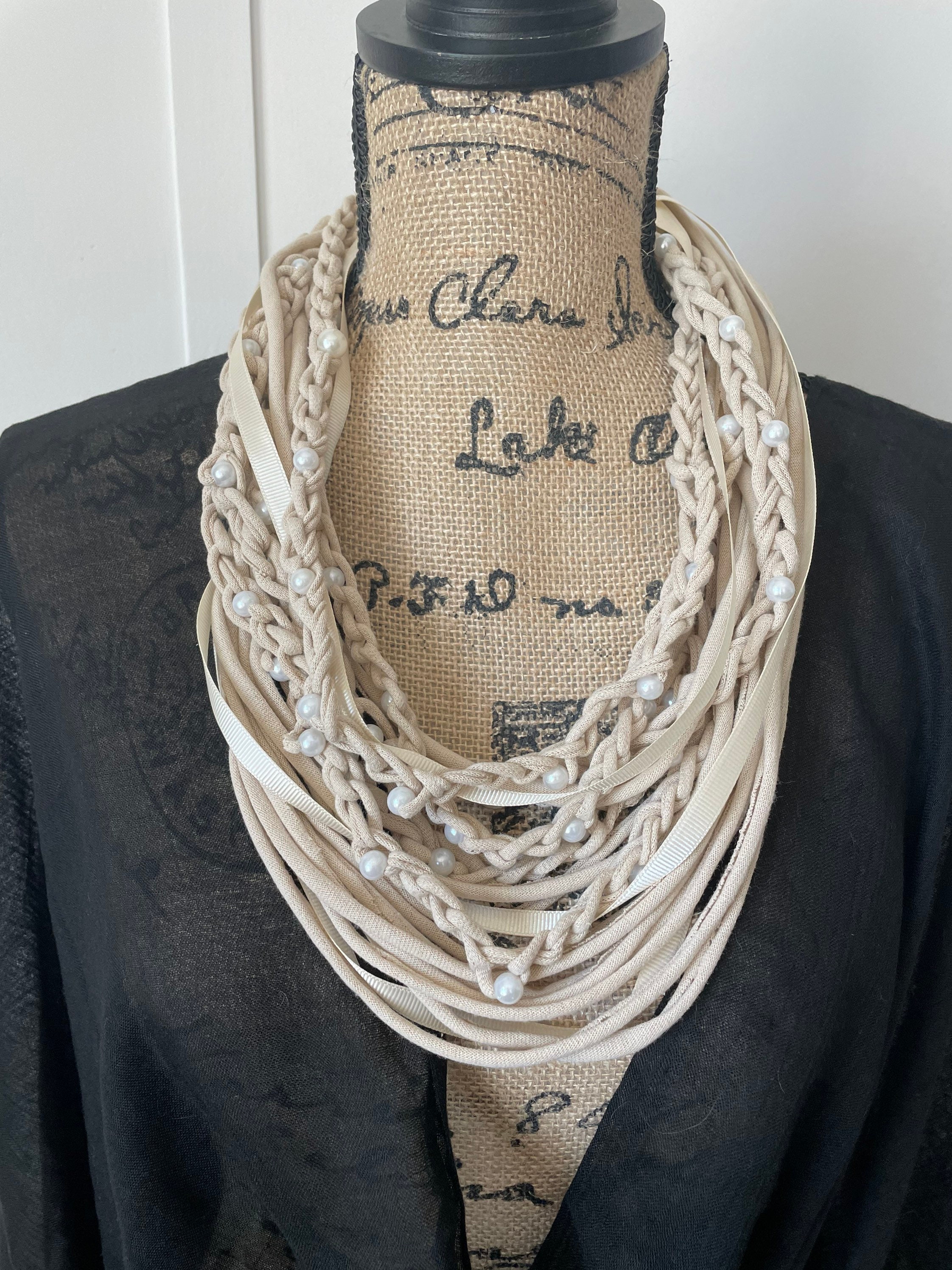 Beige Crochet Statement Necklace, Braided Cotton Scarf Necklace, Handmade in USA