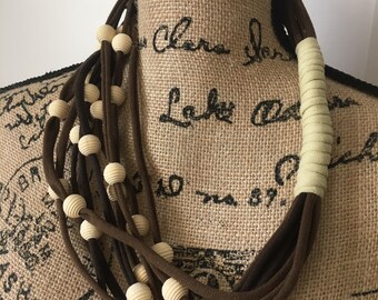 Handmade Two-Tone Brown Cotton Necklace with Wood Beads