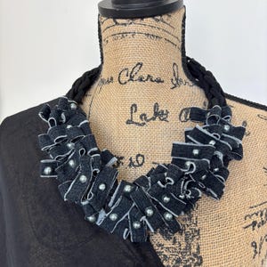 Black and Denim Scarf Necklace,Black Cotton Braided Scarf Necklace,Black Denim Scarf Necklace , Gift for Her,Handmade in USA.