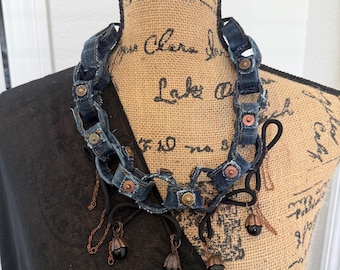 Blue Denim Necklace, Fabric Jewelry, Handmade in USA