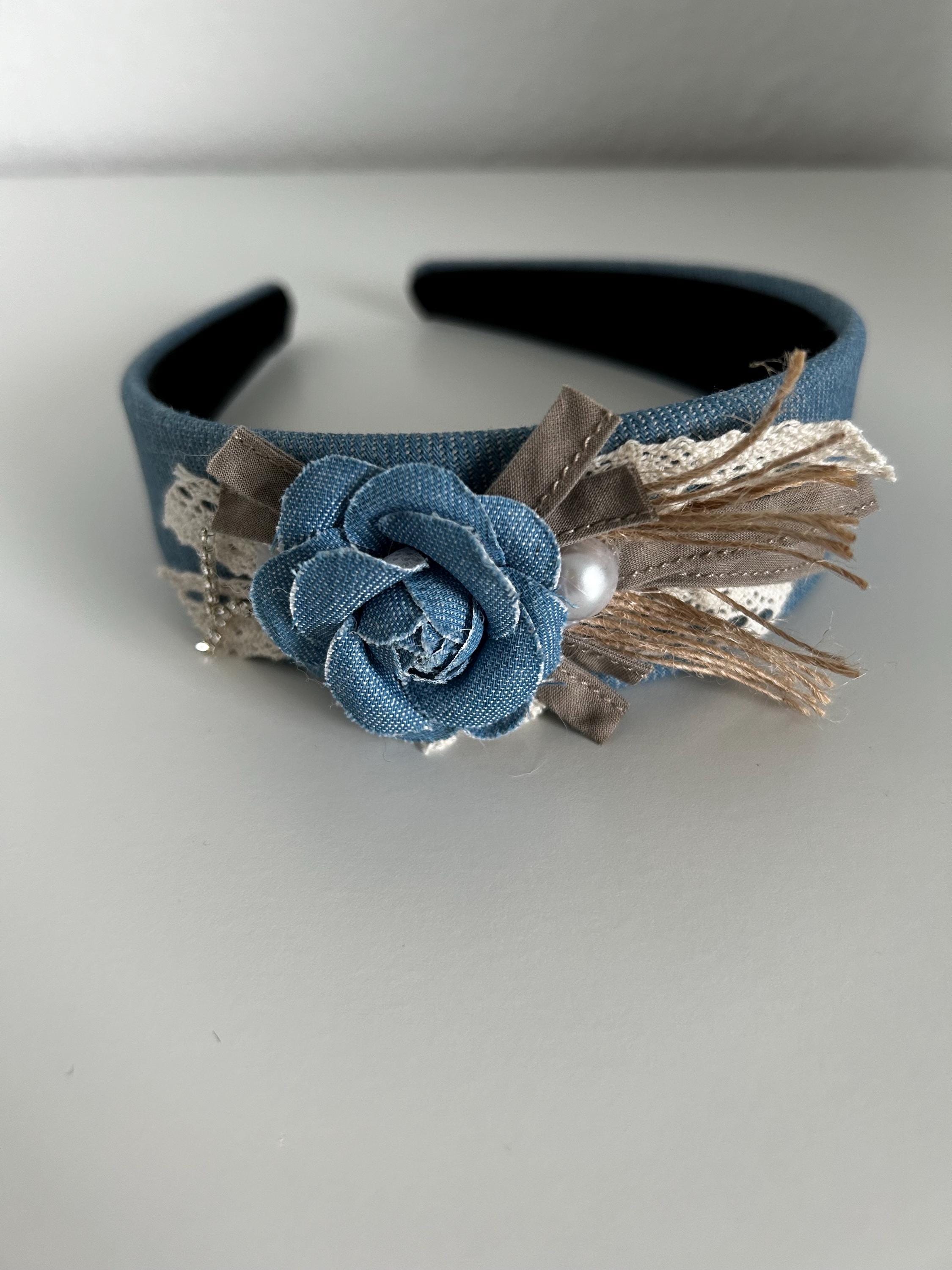 Elegant Denim Blue Headband With Iconic Silver Chain And Upcycled Charm Amazon.com : Denim Blue Pearl Knotted Headbands for Women Go  main image 3