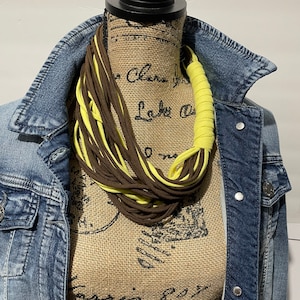 Brown And Yellow Multi Strands CottonTShirt Necklace, No Metal,Soft and Elegant Necklace,Handmade in USA, Fabric Necklace, 27”diameter