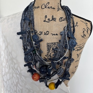Recycled Denim Scarf Necklace, Handmade Fabric Jewelry, Made in USA