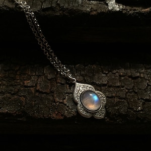 Mara - Antique Silver Rainbow Moonstone Necklace, Moonstone Necklace, Silver Moonstone Necklace, Boho Necklace, Moonstone Pendant, Ethnic