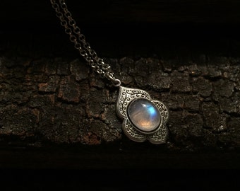 Mara - Antique Silver Rainbow Moonstone Necklace, Moonstone Necklace, Silver Moonstone Necklace, Boho Necklace, Moonstone Pendant, Ethnic