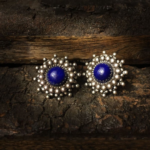 Afina - Silver Lapis Lazuli earrings, vintage lapis earrings, lapis lazuli studs, antique silver gemstone earrings with September birthstone