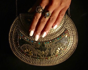 Cora - ethnic metal bag, tribal metal clutch, indian tribal bag, vintage handmade bag, antique metal bag - festival bag - statement clutch