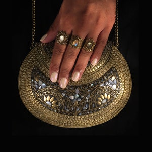 Oria - metal stone bag - ethnic clutch - ornate bag - vintage bag - boho clutch - indian bag - mother of pearl purse - metal clutch