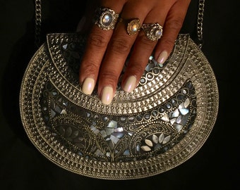 Swara - silver metal bag - pearl metal bag - mother of pearl bag - ethnic clutch - metal stone bag - vintage bag - handmade clutch - indian