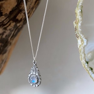 Arabella - Sterling Silver Moonstone Necklace - Silver Rainbow Moonstone Necklace - Antique Moonstone Pendant Necklace - Fine Silver Chain