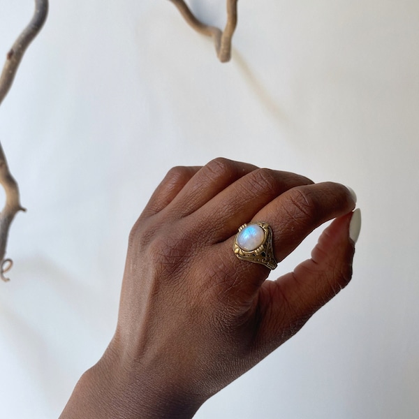 Marya - Rainbow Moonstone Brass Ring, antique moonstone ring, spiritual moonstone ring, calming moonstone ring, vintage moonstone ring