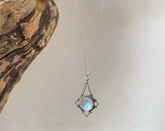 Ophelia - Rainbow Moonstone Necklace, July Birthstone Necklace, Silver Moonstone Necklace, Vintage Moonstone Necklace, Fine Silver Moonstone