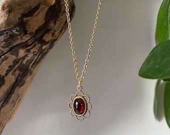 Adina - Antique Gold Garnet Necklace - Gold Garnet Necklace - Antique Garnet Pendant Necklace, 2nd Anniversary necklace, Valentine's Day