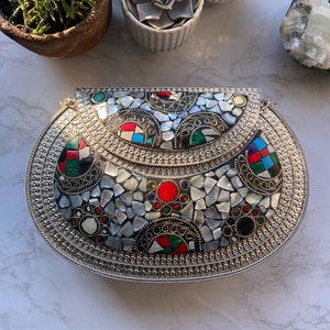 Gaia - silver metal bag - silver pearl bag - mother of pearl bag -  boho bag - metal stone bag - vintage bag - handmade clutch - indian bag