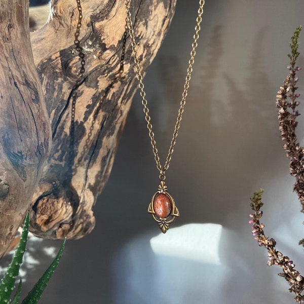 Aria - Antique Gold Sunstone Necklace, Sunstone Necklace, Sacral Chakra Necklace, Vintage Sunstone Necklace, Goldstone necklace