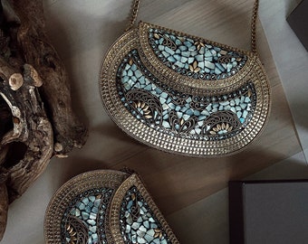 Oria - metal stone bag - metal clutch - ornate bag - vintage bag - boho clutch - indian bag - mother of pearl purse - gold bag - pearl bag