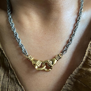Mixed Metal Interlocking Hands Necklace , Connection Necklace , Unity Necklace, Chunky Mixed Metal Necklace