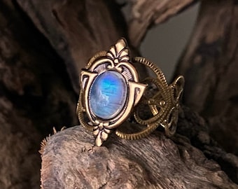 Aria - Rainbow Moonstone ring, antique moonstone ring, moonstone ring, ethnic ring, victorian ring, boho ring, brass moonstone ring, vintage