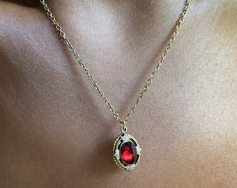 Ruby - Antique Gold Garnet Necklace - Gold Garnet Necklace - Antique Garnet Pendant Necklace, 2nd Anniversary necklace, January Birthstone