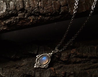 Aria - Antique Silver Moonstone Necklace - Silver Rainbow Moonstone Necklace - Antique Moonstone Pendant Necklace